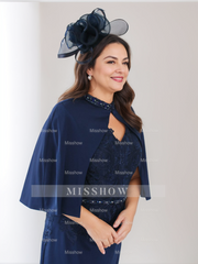 Plus Size V-Neck Tea-Length Mother of the Bride Sheath Dress with Rhinestones & Appliques