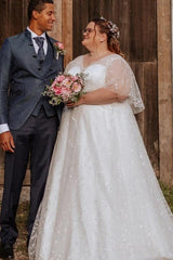Plus Size White A-Line Wedding Dress V Neck Flutter Cape Sleeves Floral Embroidery Crystal Belt Glitter Tulle Bridal Gown with Sweep Train