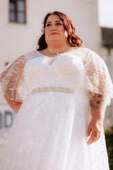 White v-neck applique A-line wedding dress