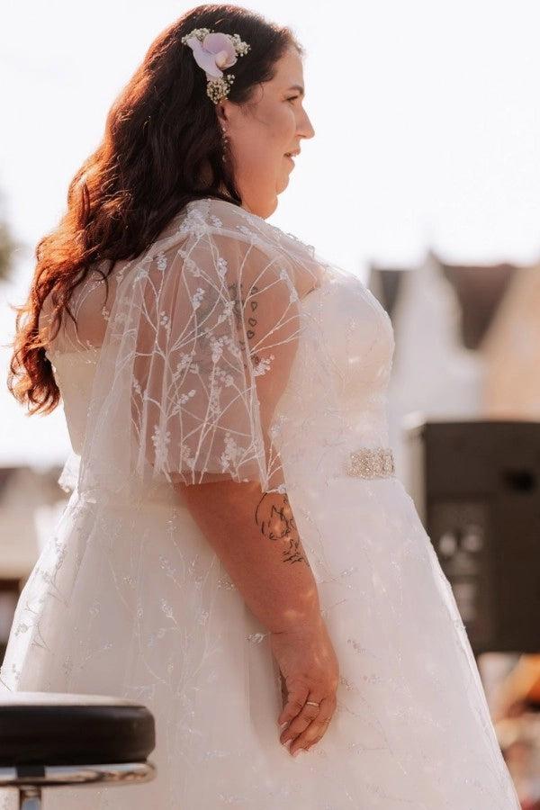 White v-neck applique A-line wedding dress