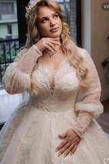 Plus Size White Ball Gown Wedding Dress V Neck Long Puff Sleeves Pearl Beaded Sequin Lace Luxury Princess Bridal Gown