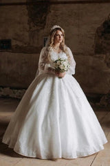 Plus Size White Ball Gown Wedding Dress V Neck Long Puff Sleeves Pearl Beaded Sequin Lace Luxury Princess Bridal Gown
