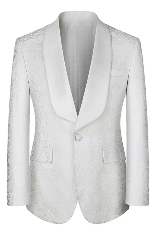 Polished White Shawl Lapel Three-Piece Jacquard Prom Suit