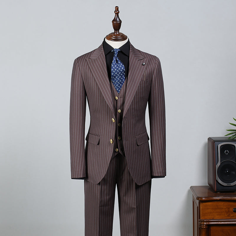 Popular Brown Striped Peak Lapel Slim Fit Business Suit