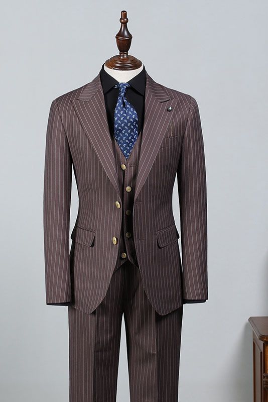 Popular Brown Striped Peak Lapel Slim Fit Business Suit
