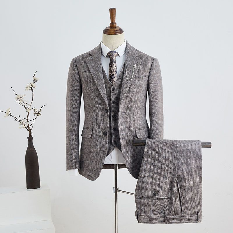 Popular Coffee Small Plaid Three Pieces Notched Lapel Custom Business Suit