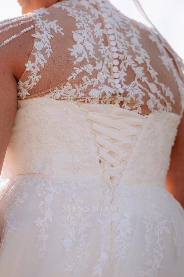 Popular Ivory Crew Neck Sleeveless A-Line Wedding Dress with Appliques and Beadings