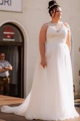 Popular Ivory Crew Neck Sleeveless A-Line Wedding Dress with Appliques and Beadings