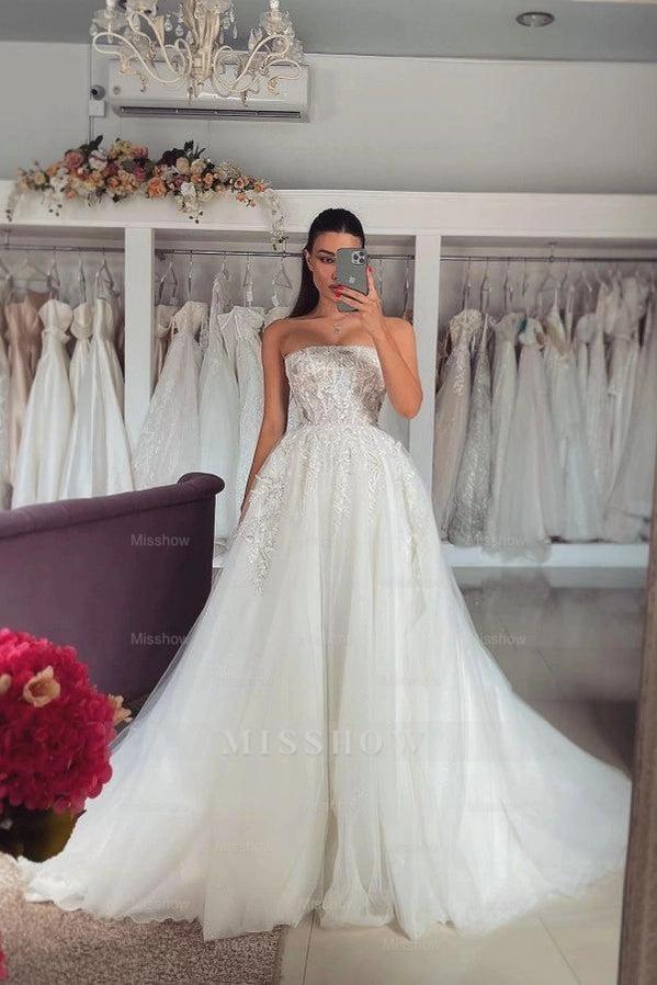 Popular Ivory Strapless A-line Wedding Dress with Appliques and Detachable Coat