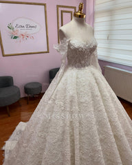 Popular Ivory Sweetheart Long-Sleeve Ball Gown Wedding Dress with Chapel Train