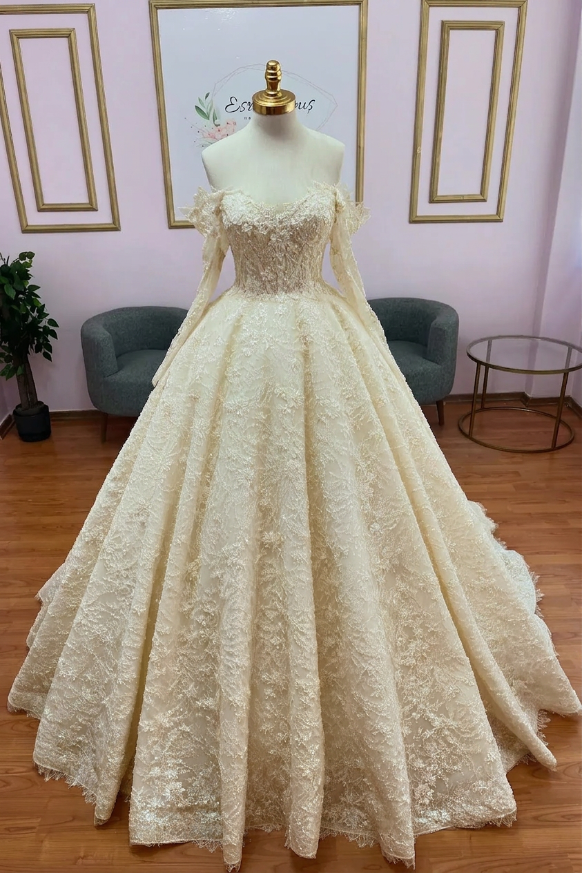 Popular Ivory Sweetheart Long-Sleeve Ball Gown Wedding Dress with Chapel Train