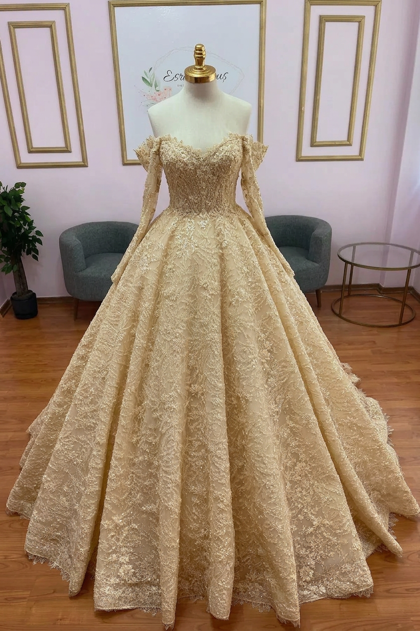 Popular Ivory Sweetheart Long-Sleeve Ball Gown Wedding Dress with Chapel Train