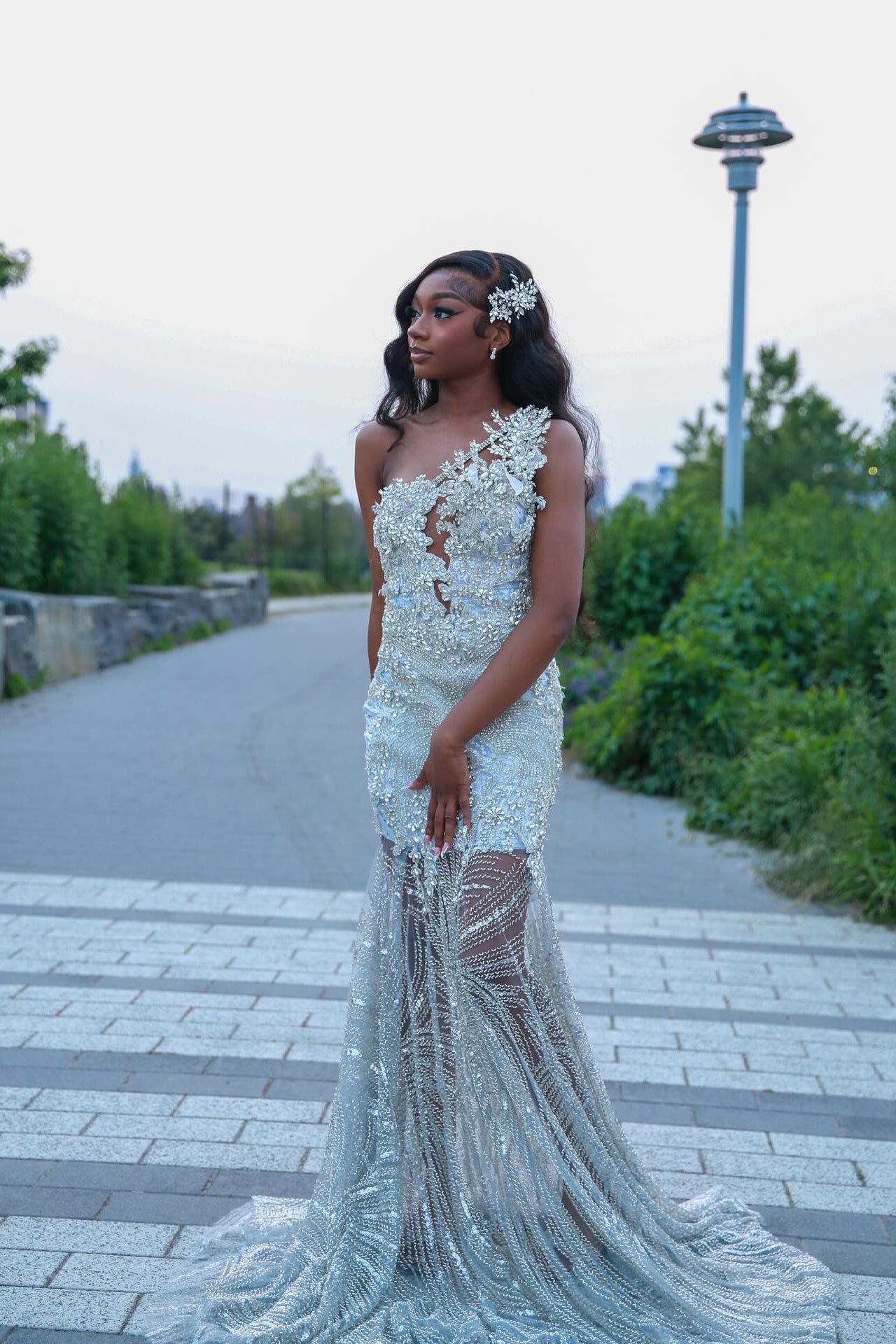 Popular Long Silver V-Neck Sleeveless Mermaid Prom Dress with Rhinestones