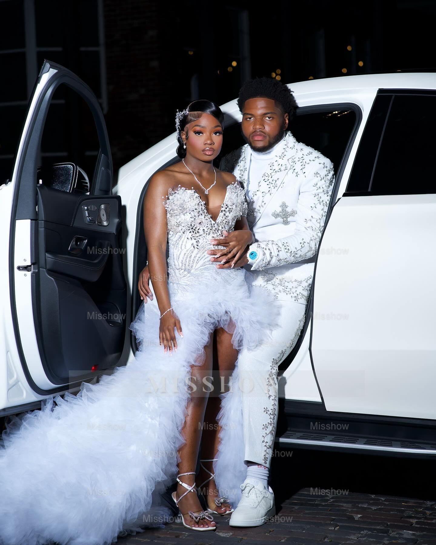 Popular Long White One Shoulder Sleeveless Mermaid Prom Dress with Ruffles and Slit