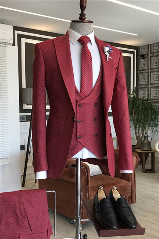 Premium Burgundy Peaked Lapel Three Piece Prom Wear