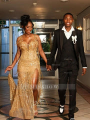 Pretty Gold V-neck Mermaid Beading Strapless Long Prom Dress with Slit