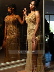 Pretty Gold V-neck Mermaid Beading Strapless Long Prom Dress with Slit