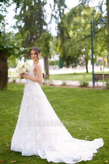 Pretty Ivory V-Neck Sleeveless A-Line Wedding Dress with Appliques