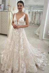 Pretty Ivory V-Neck Sleeveless A-Line Wedding Dress with Appliques