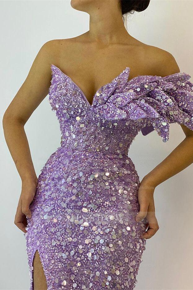 Pretty Lilac Sequins Off the Shoulder Mermaid Formal Dress With Split