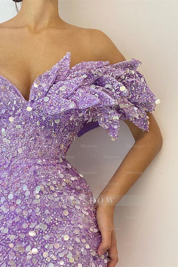 Pretty Lilac Sequins Off the Shoulder Mermaid Formal Dress With Split