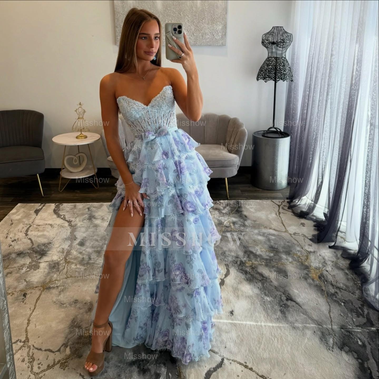 Pretty Long Blue Strapless A-line Floral Prom Dress with Slit and Lace