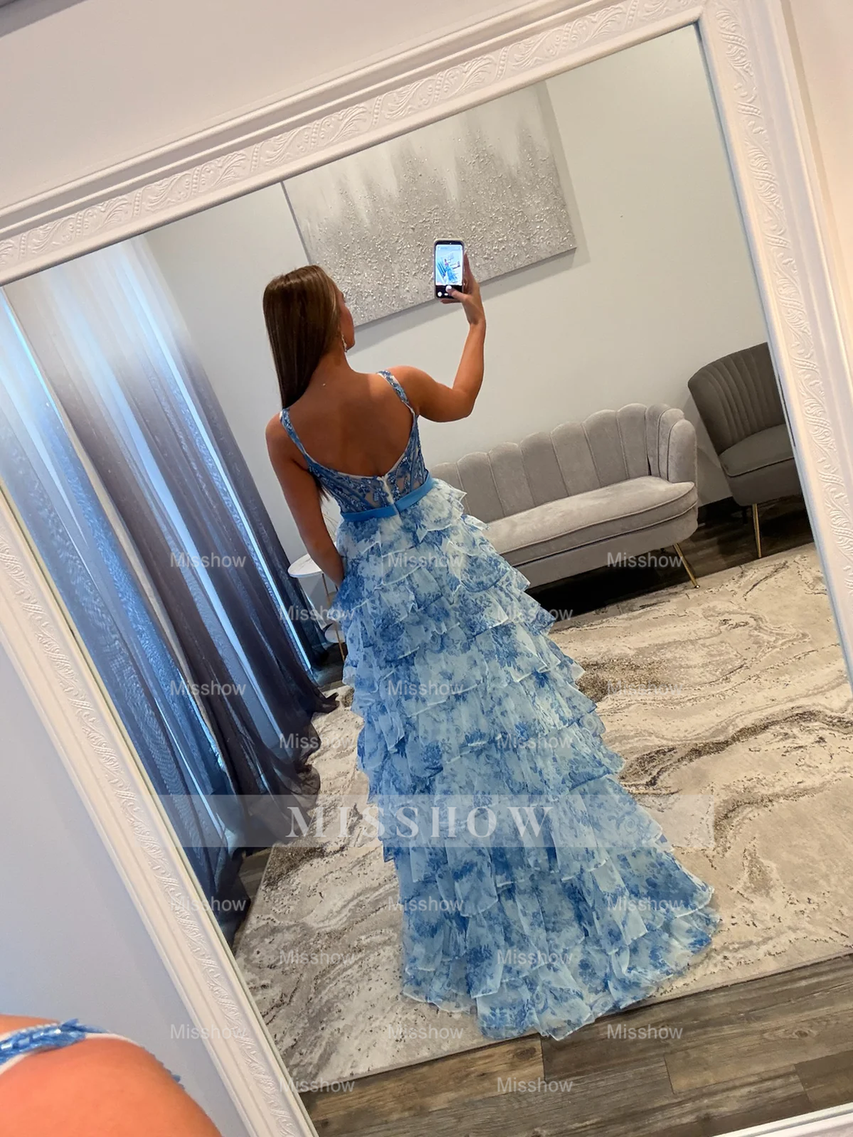 Pretty Long Floral Blue A-line Sleeveless Lace Prom Dress with Slit