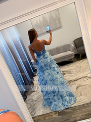 Pretty Long Floral Blue A-line Sleeveless Lace Prom Dress with Slit