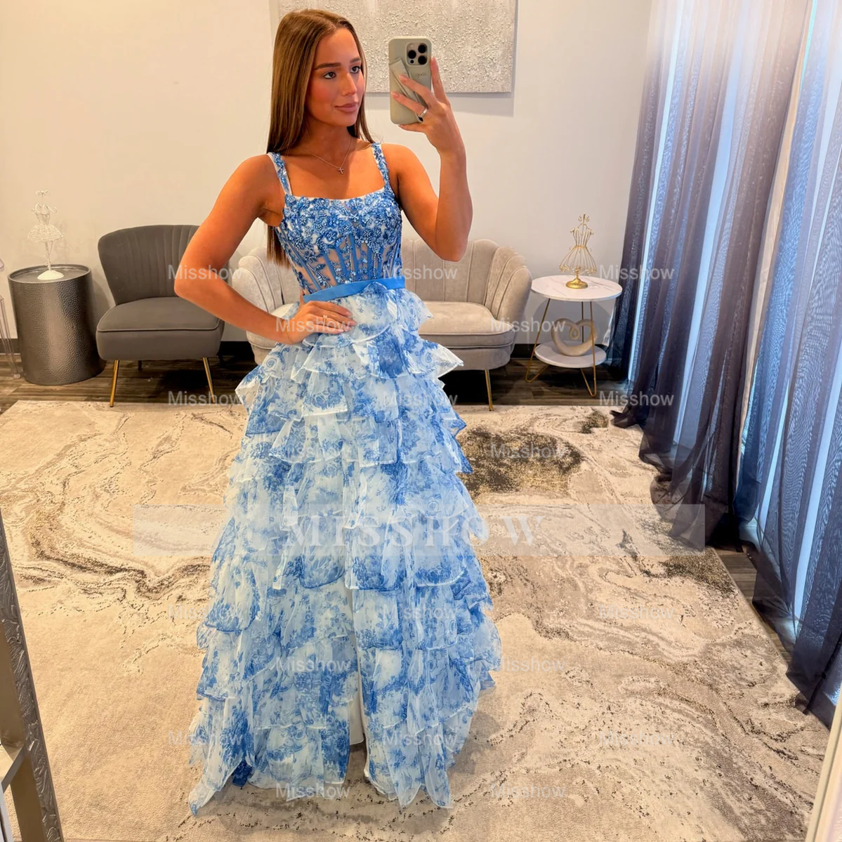 Pretty Long Floral Blue A-line Sleeveless Lace Prom Dress with Slit
