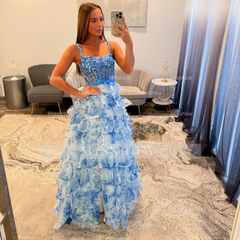 Pretty Long Floral Blue A-line Sleeveless Lace Prom Dress with Slit