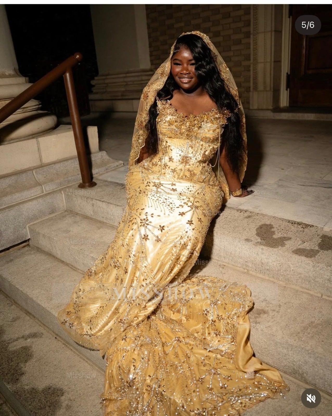 Pretty Long Gold Mermiad Beaded Prom Dress with Veil and Rhinestones