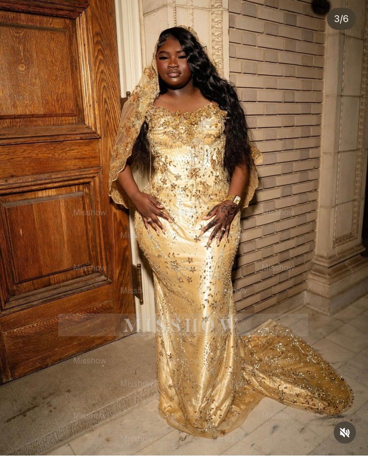 Pretty Long Gold Mermiad Beaded Prom Dress with Veil and Rhinestones