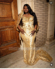 Pretty Long Gold Mermiad Beaded Prom Dress with Veil and Rhinestones
