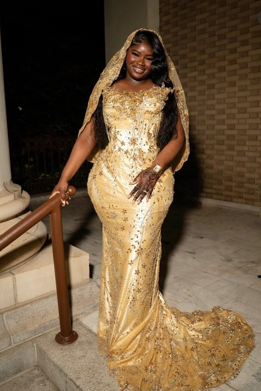 Pretty Long Gold Mermiad Beaded Prom Dress with Veil and Rhinestones