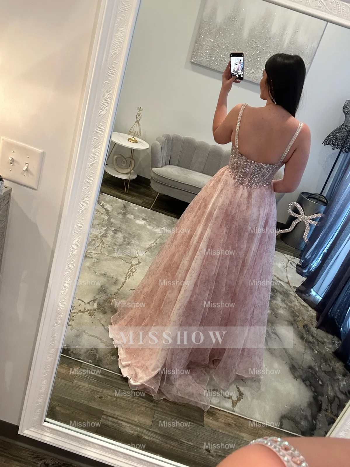 Pretty Long Pink A-line Beaded Floral Sleeveless Prom Dress with Rhinestones