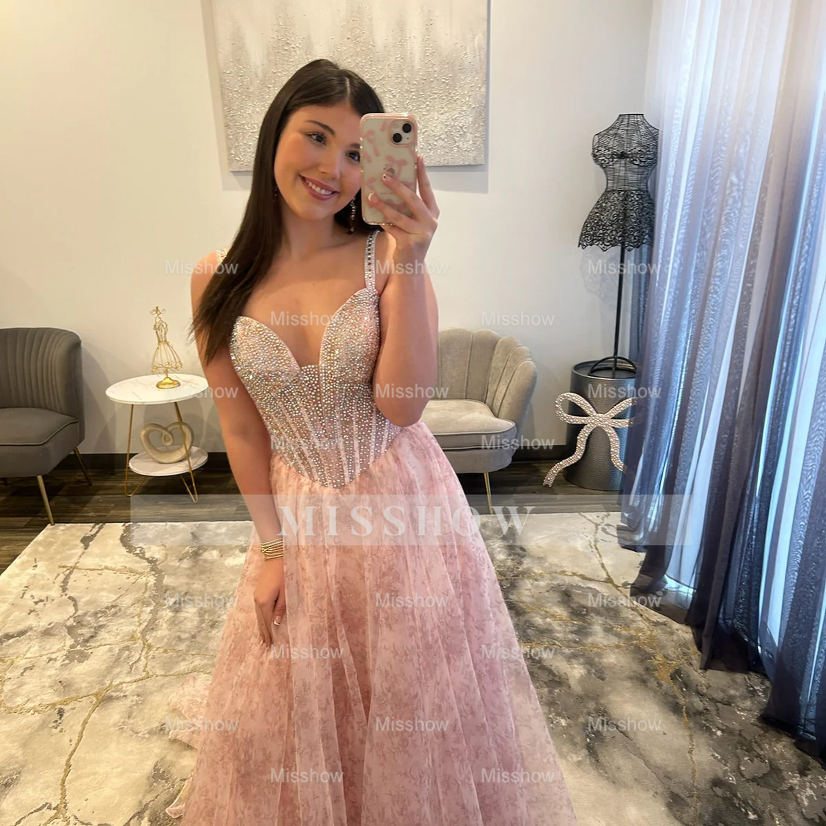 Pretty Long Pink A-line Beaded Floral Sleeveless Prom Dress with Rhinestones