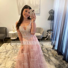 Pretty Long Pink A-line Beaded Floral Sleeveless Prom Dress with Rhinestones