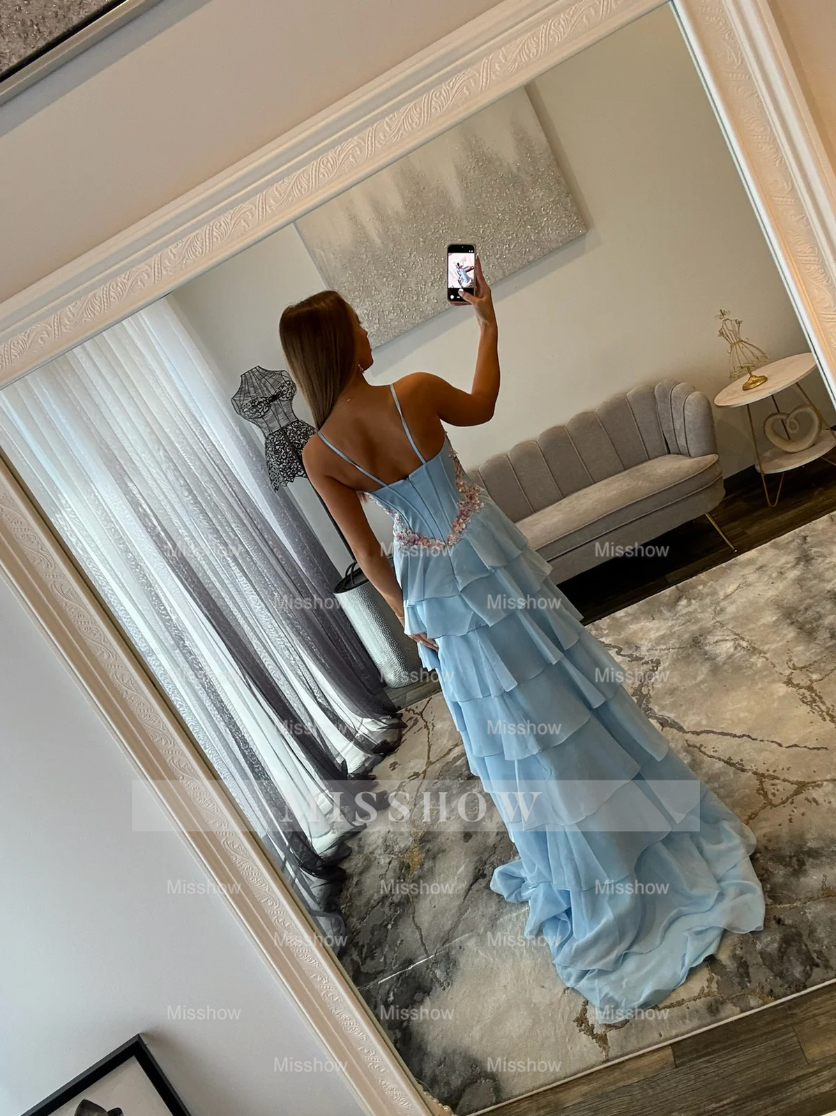 Pretty Long Sky Blue Speghetti Straps Chiffon Prom Dress with Slit and Appliques