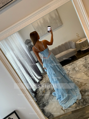 Pretty Long Sky Blue Speghetti Straps Chiffon Prom Dress with Slit and Appliques