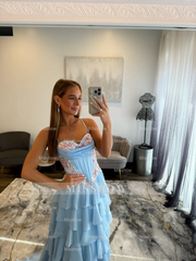 Pretty Long Sky Blue Speghetti Straps Chiffon Prom Dress with Slit and Appliques