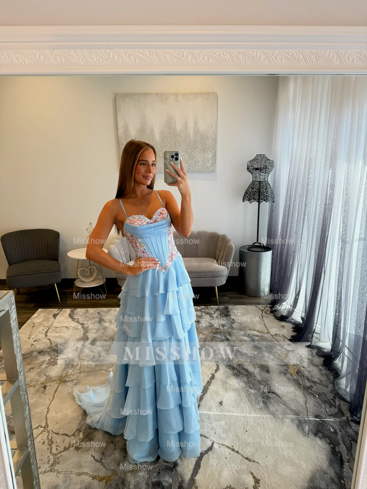 Pretty Long Sky Blue Speghetti Straps Chiffon Prom Dress with Slit and Appliques