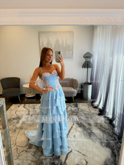 Pretty Long Sky Blue Speghetti Straps Chiffon Prom Dress with Slit and Appliques