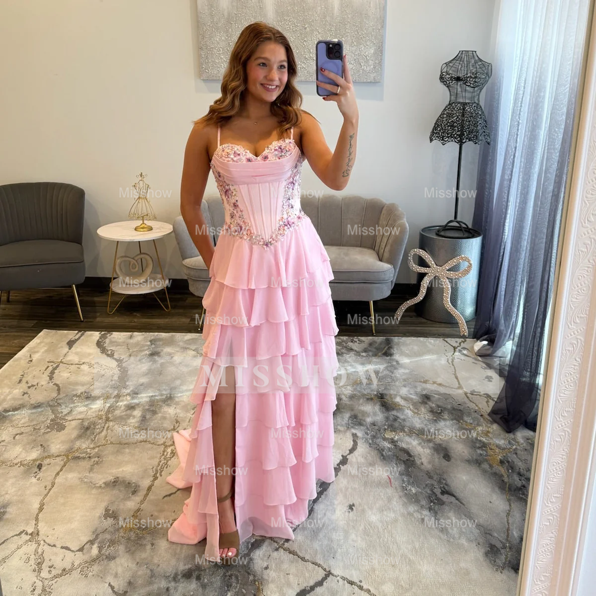 Pretty Long Sky Blue Speghetti Straps Chiffon Prom Dress with Slit and Appliques