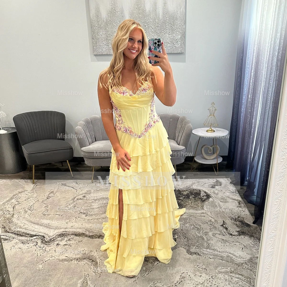 Pretty Long Sky Blue Speghetti Straps Chiffon Prom Dress with Slit and Appliques