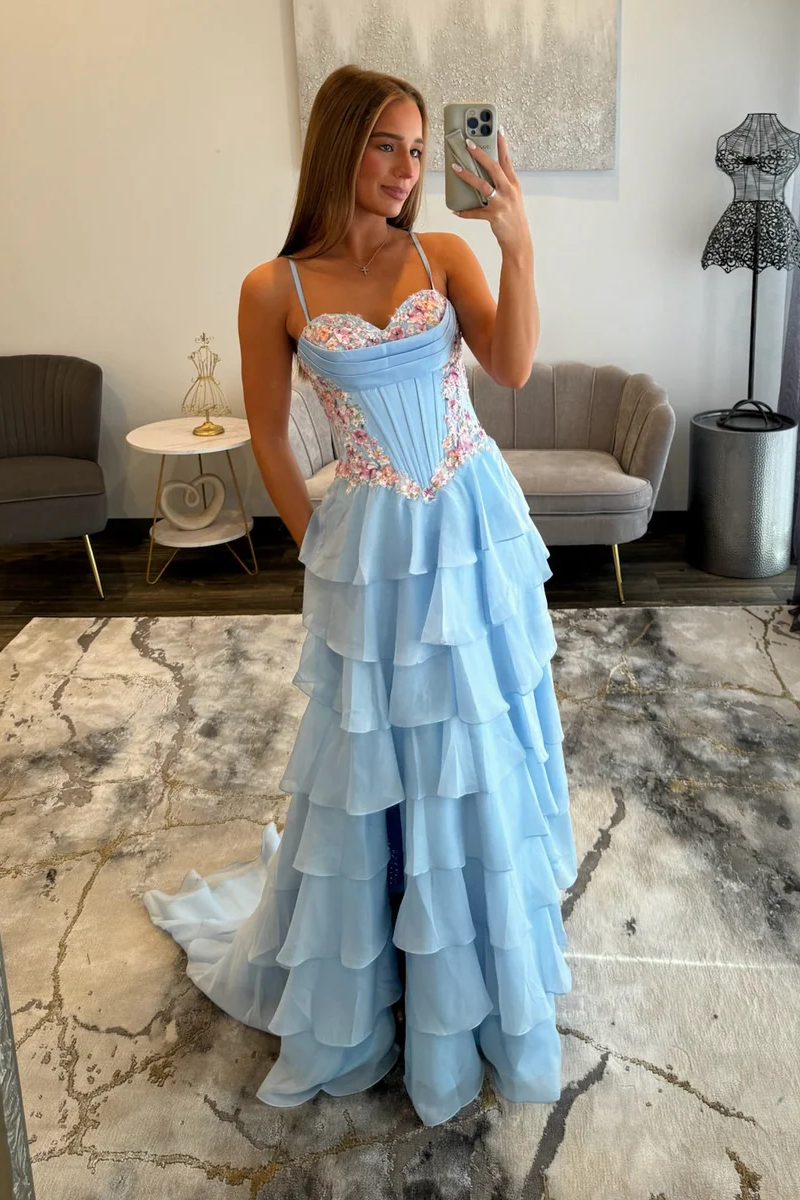 Pretty Long Sky Blue Speghetti Straps Chiffon Prom Dress with Slit and Appliques