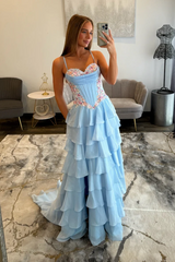 Pretty Long Sky Blue Speghetti Straps Chiffon Prom Dress with Slit and Appliques
