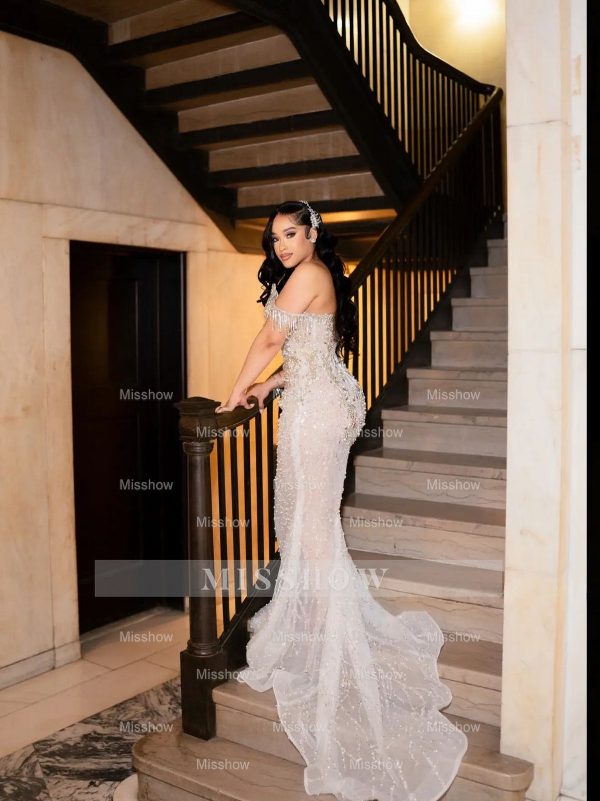 Pretty Long White Off-the-shoulder Mermaid Beaded Prom Dress with Rhinestones