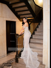 Pretty Long White Off-the-shoulder Mermaid Beaded Prom Dress with Rhinestones