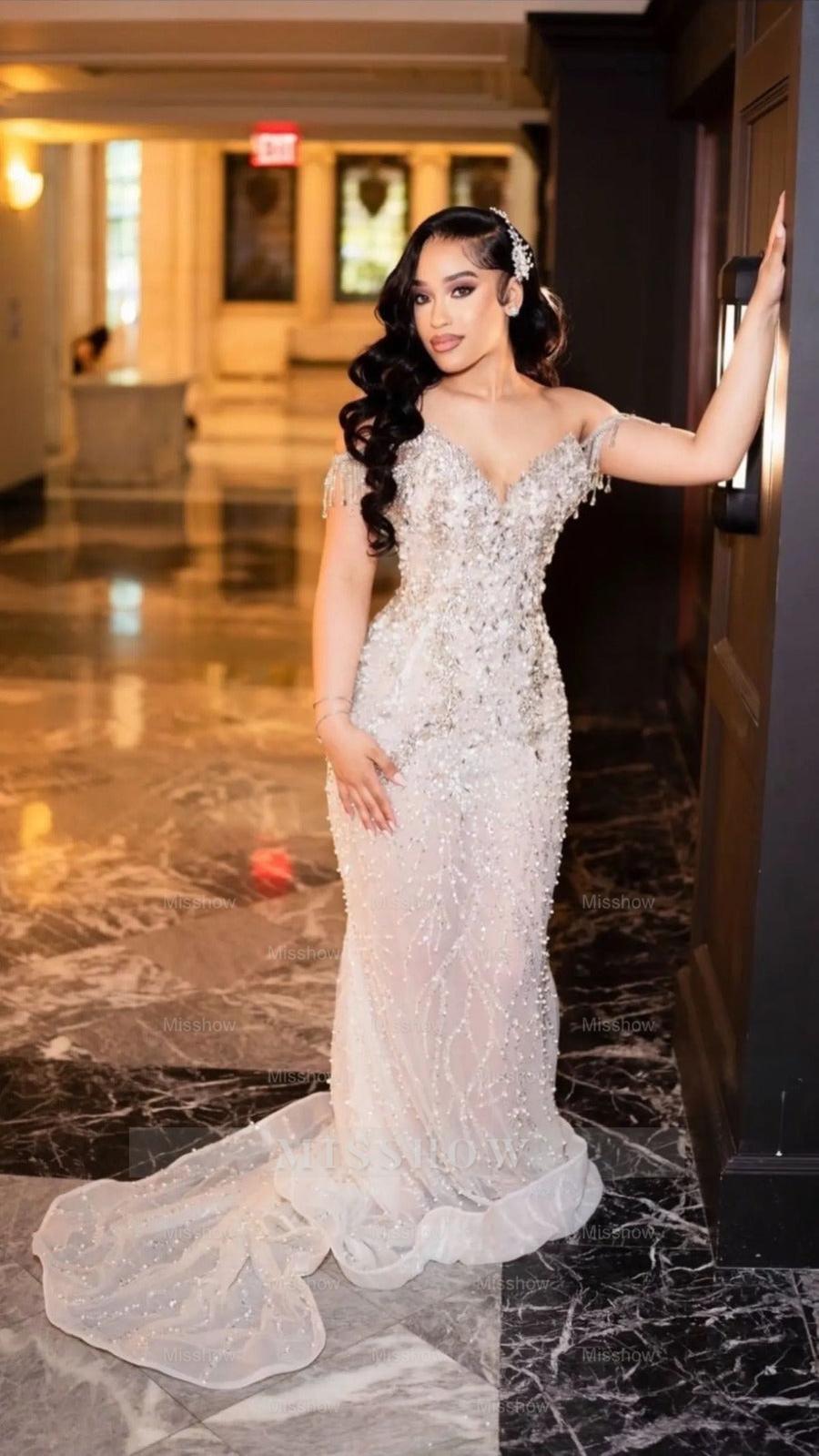Pretty Long White Off-the-shoulder Mermaid Beaded Prom Dress with Rhinestones