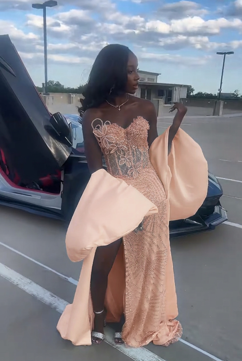 Pearl pink strapless beaded mermaid prom dress
